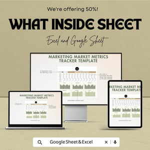 Marketing Market Metrics Tracker Sheet -Google Sheet - Marketing ROI Dashboard - Track Website Traffic & Conversion - Marketing Performance