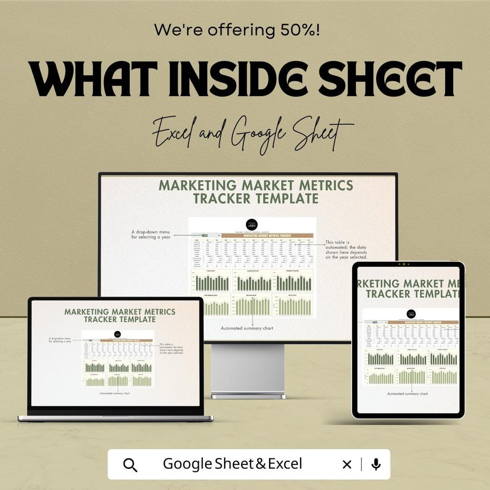 Marketing Market Metrics Tracker Sheet -Google Sheet - Marketing ROI Dashboard - Track Website Traffic & Conversion - Marketing Performance