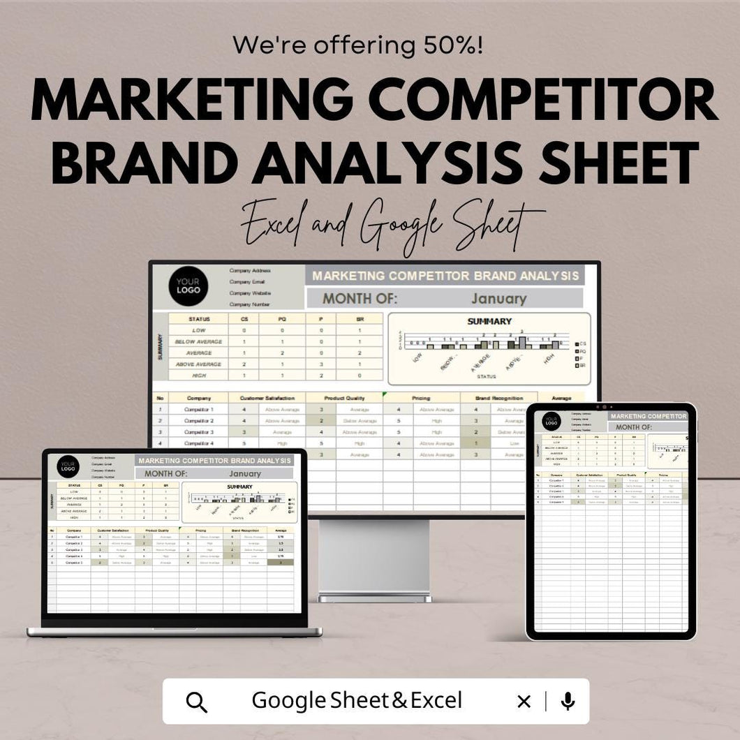 Marketing Competitor Brand Analysis Sheet – Excel & Google Sheets Template for Tracking Competitor Performance and Brand Metrics