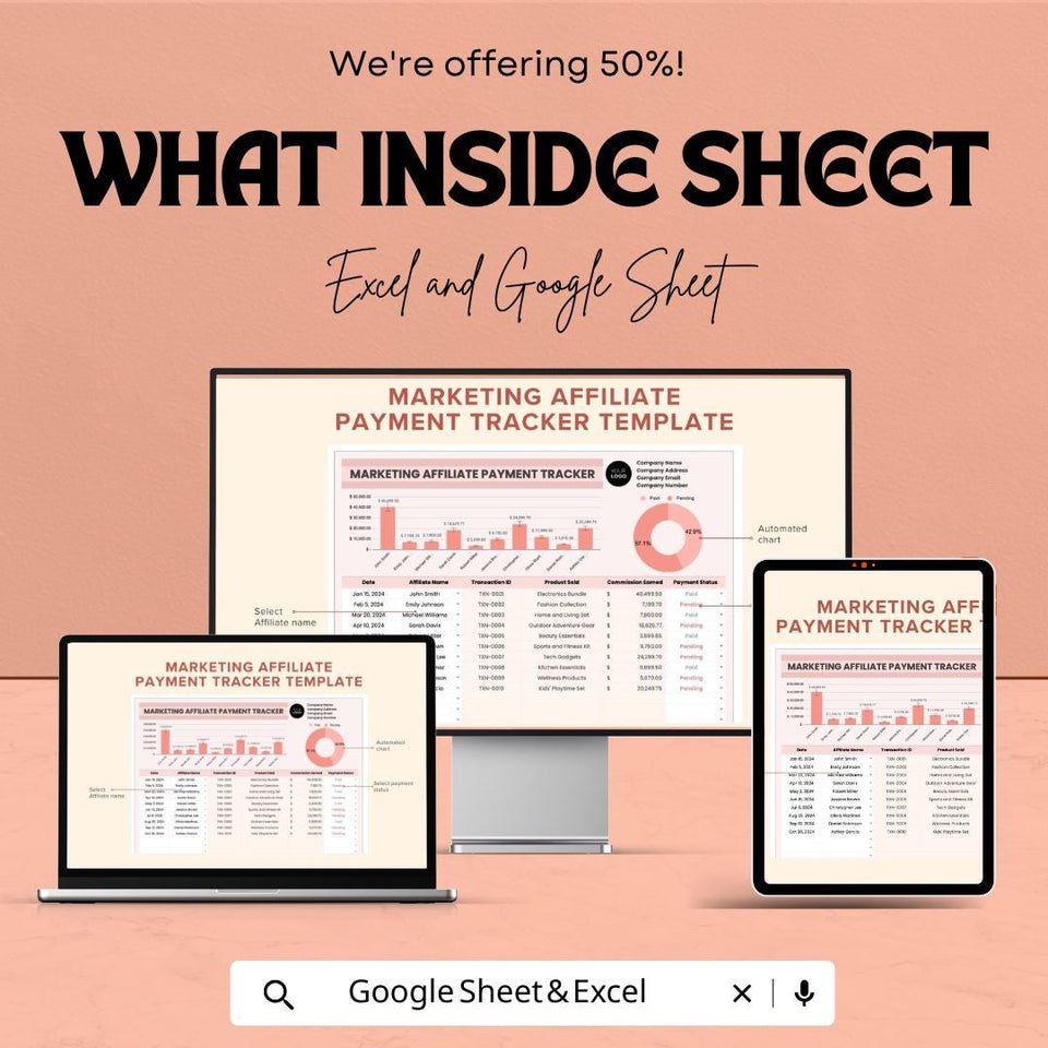 Marketing Affiliate Payment Tracker Sheet | Excel and Google Sheet | Track Affiliate Payments, Commissions, & Earnings | Digital Template
