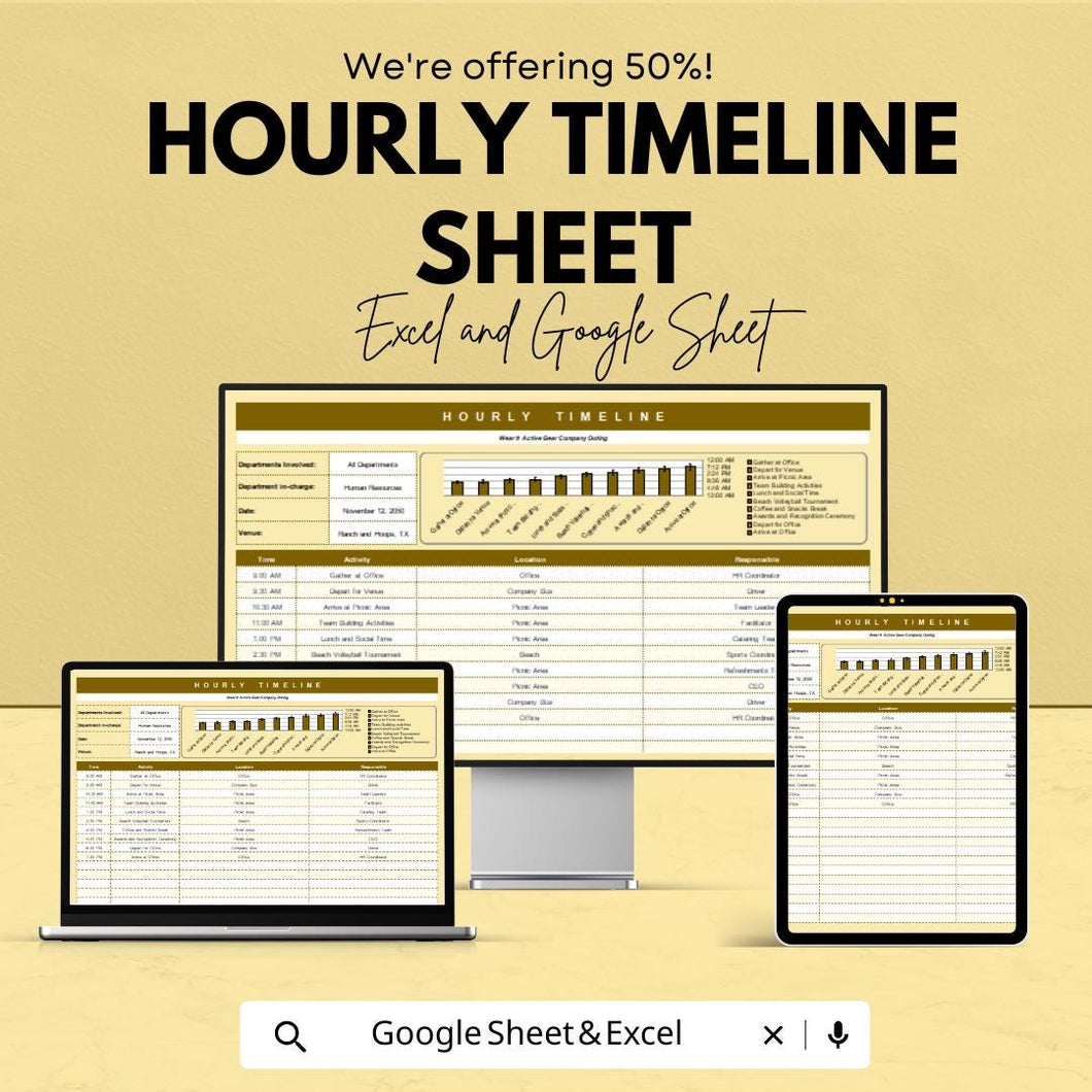Hourly Timeline Sheet | Daily Schedule Template | Hourly Planner for Work | Excel & Google Sheets Template | Time Management Tool
