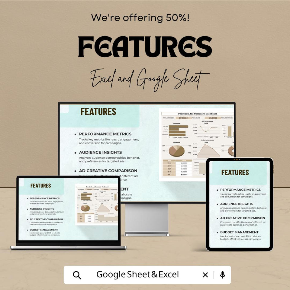 Facebook Ads Dashboard Template - Google Sheet for Facebook Advertising Insights - Marketing & ROI Tracker - Ads Performance Analysis Tool