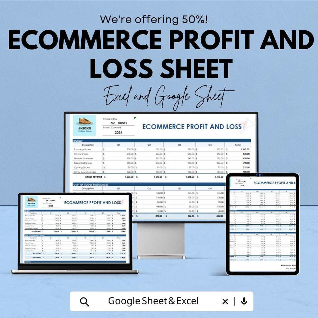 Ecommerce Profit and Loss Sheet | Excel & Google Sheets Template | Ecommerce Financial Tracking Dashboard | Ecommerce Accounting Template |