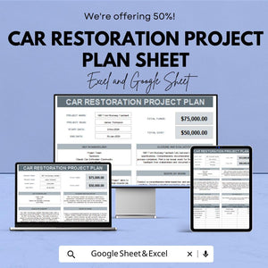 Car Restoration Project Plan Sheet | Google Sheet | Project Management Template | Customizable Gantt Chart | Restoration Project Planner