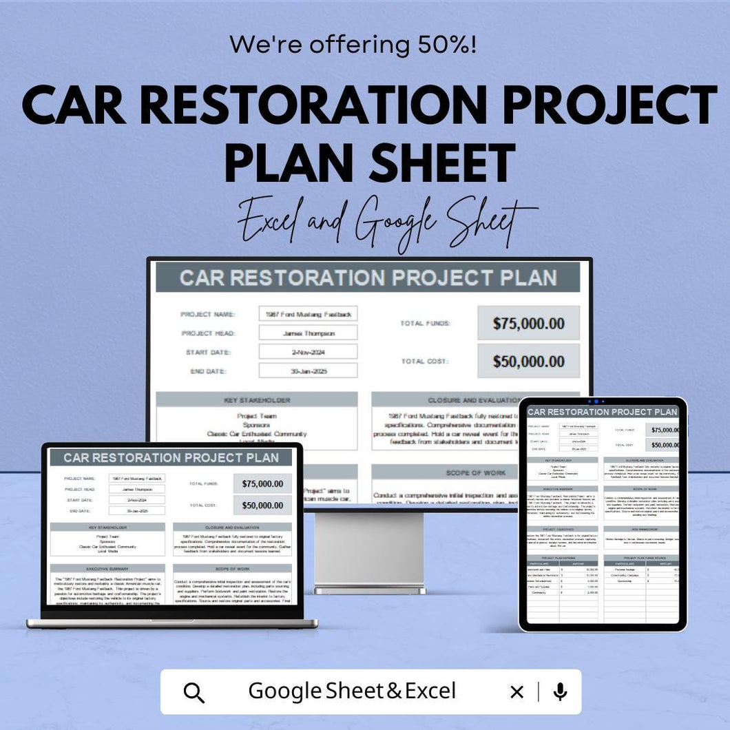 Car Restoration Project Plan Sheet | Google Sheet | Project Management Template | Customizable Gantt Chart | Restoration Project Planner