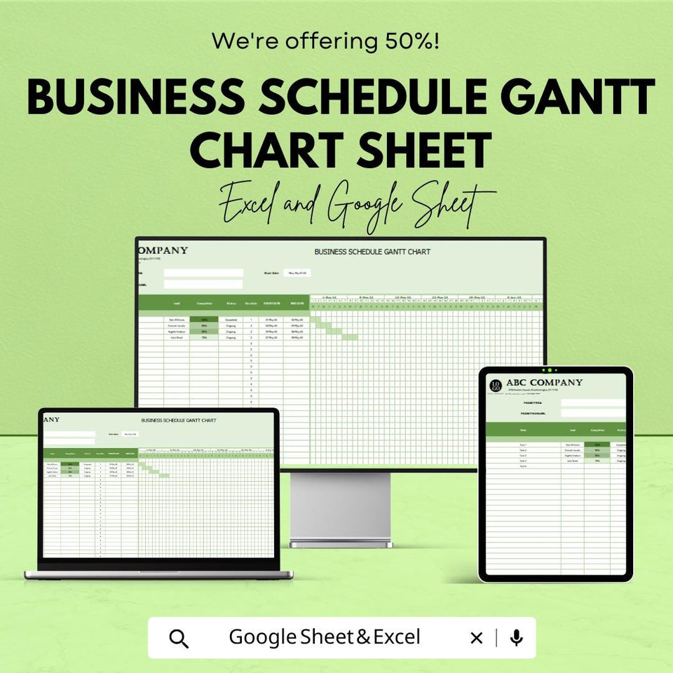 Business Schedule Gantt Chart Sheet - Project Planning, Task Management, Google Sheets & Excel Template for Scheduling