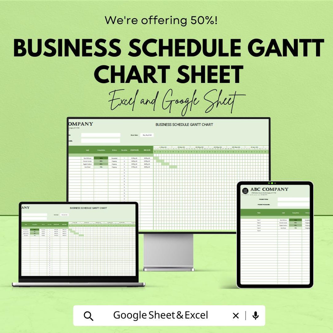 Business Schedule Gantt Chart Sheet - Project Planning, Task Management, Google Sheets & Excel Template for Scheduling