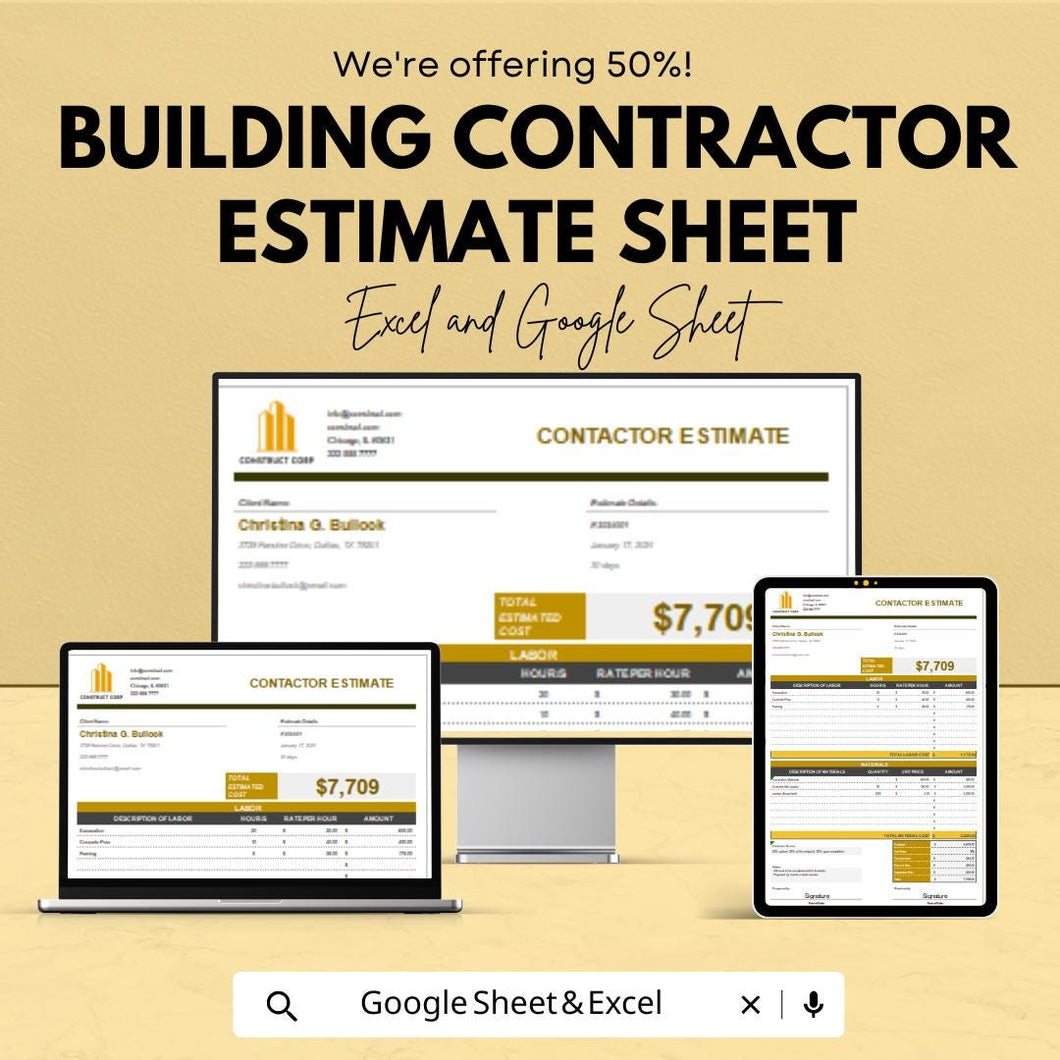 Building Contractor Estimate Sheet | Construction Cost Estimate Template for Projects | Excel & Google Sheet Template | Instant Download