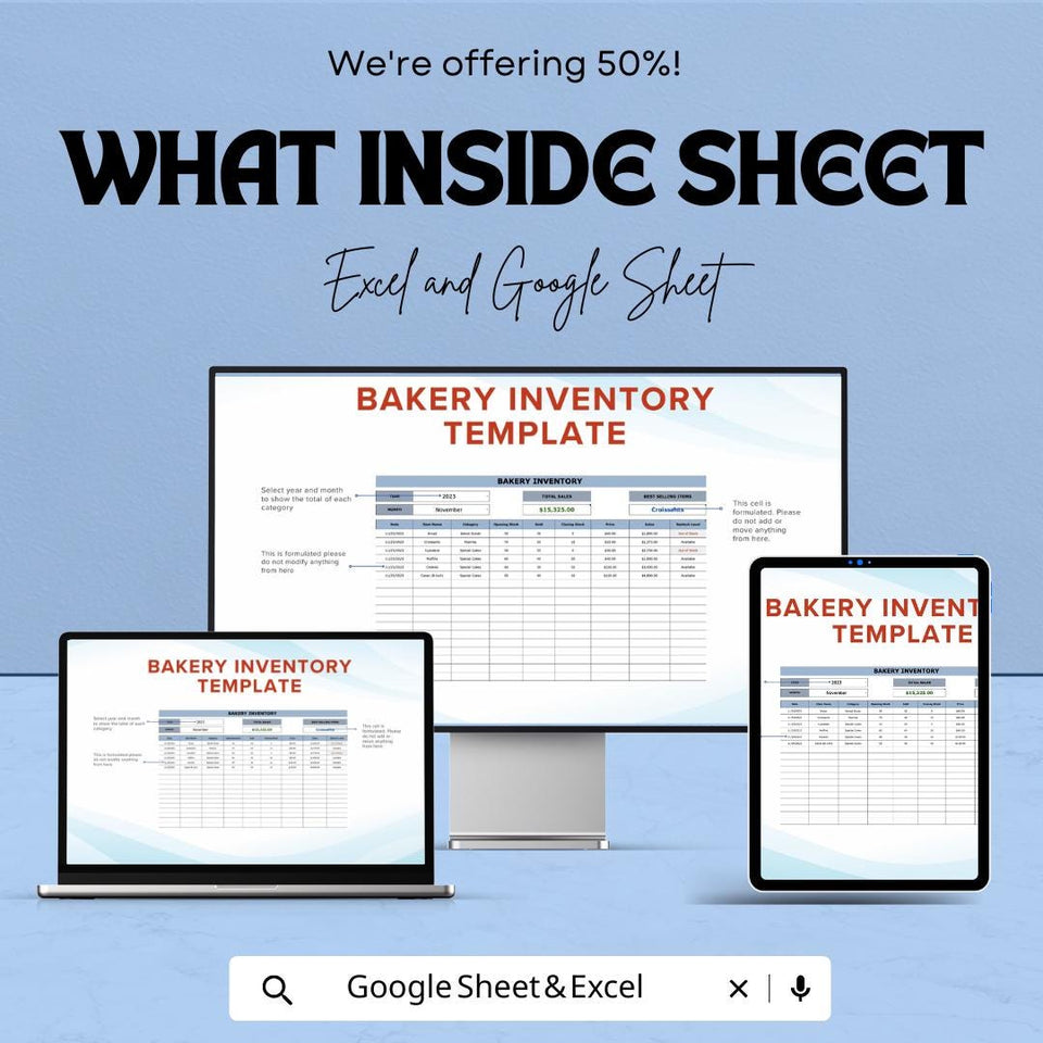 Bakery Inventory Sheet | Excel and Google Sheets | Track Sales, Stock & Best-Selling Items | Bakery Management Template