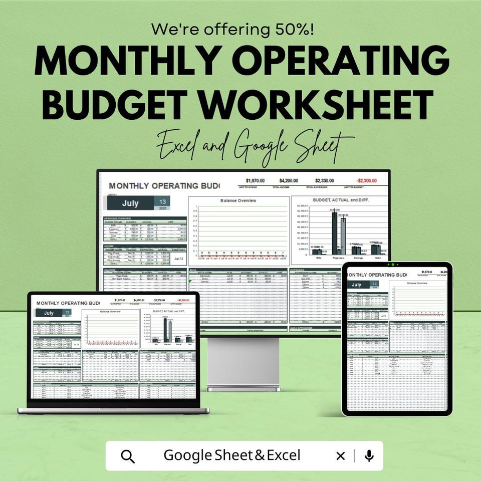 Monthly Operating Budget Worksheet | Google Sheet | Expense Tracker & Financial Planning Tool | Budget Management and Analysis Template