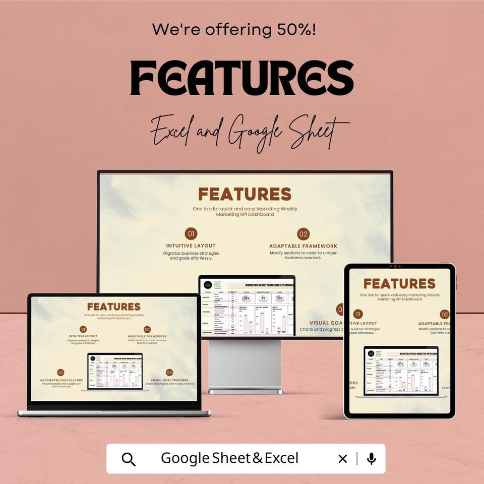 Marketing Weekly KPI Dashboard | Google Sheet | Track Website Traffic, Social Media & Email Marketing Performance | ROI Tracker Template