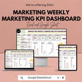 Marketing Weekly KPI Dashboard | Google Sheet | Track Website Traffic, Social Media & Email Marketing Performance | ROI Tracker Template