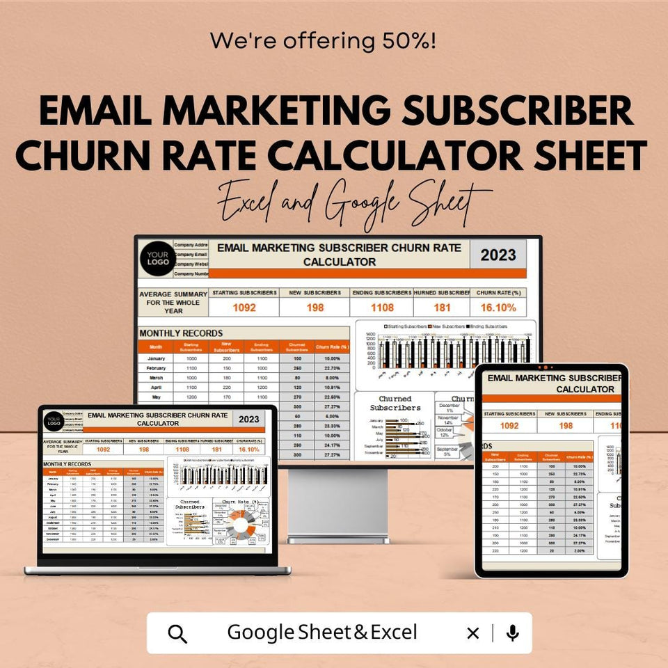 Email Marketing Subscriber Churn Rate Calculator | Google Sheet and Excel Template | Track Monthly Churn Rate & New Subscribers