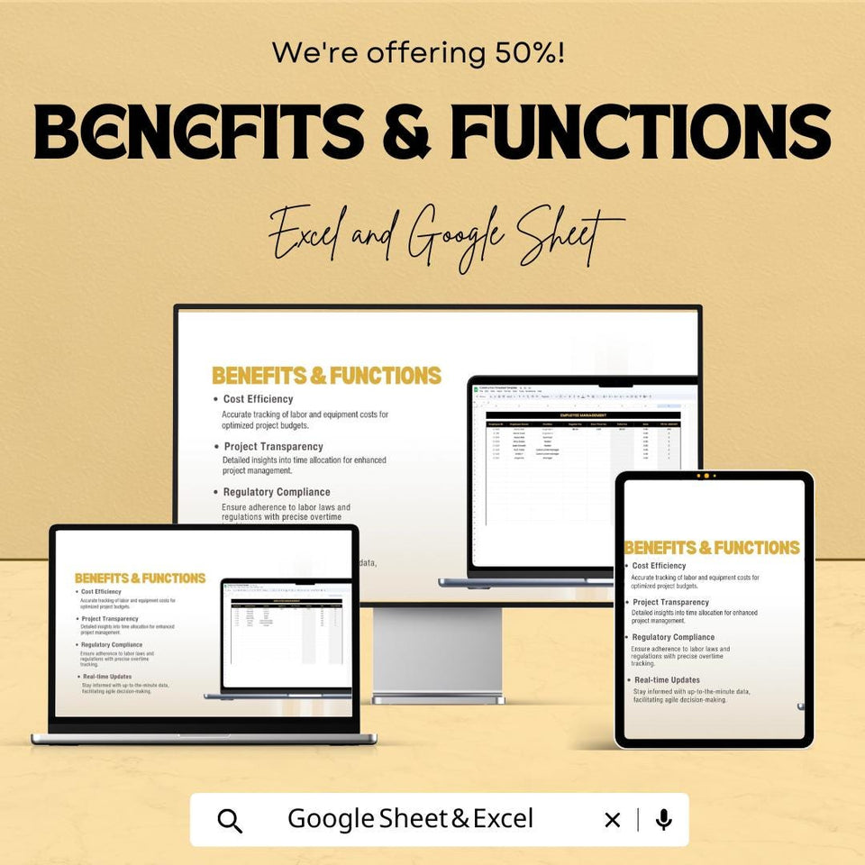 Construction Timesheet Template | Excel & Google Sheet | Track Hours, Crew, Costs | Project Management Spreadsheet