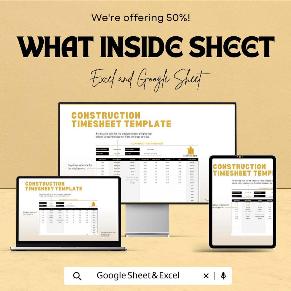 Construction Timesheet Template | Excel & Google Sheet | Track Hours, Crew, Costs | Project Management Spreadsheet