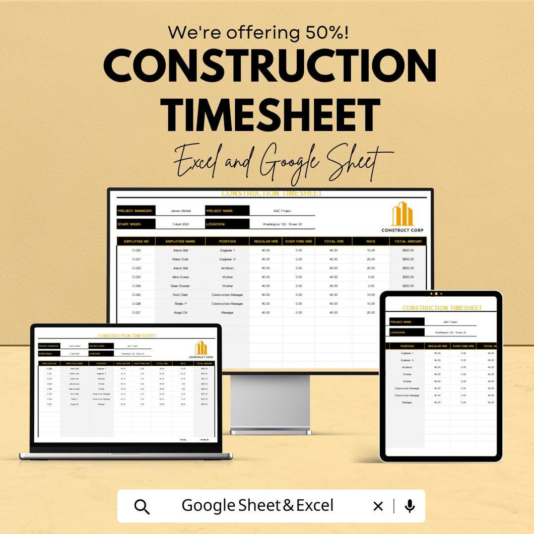 Construction Timesheet Template | Excel & Google Sheet | Track Hours, Crew, Costs | Project Management Spreadsheet