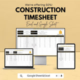 Construction Timesheet Template | Excel & Google Sheet | Track Hours, Crew, Costs | Project Management Spreadsheet