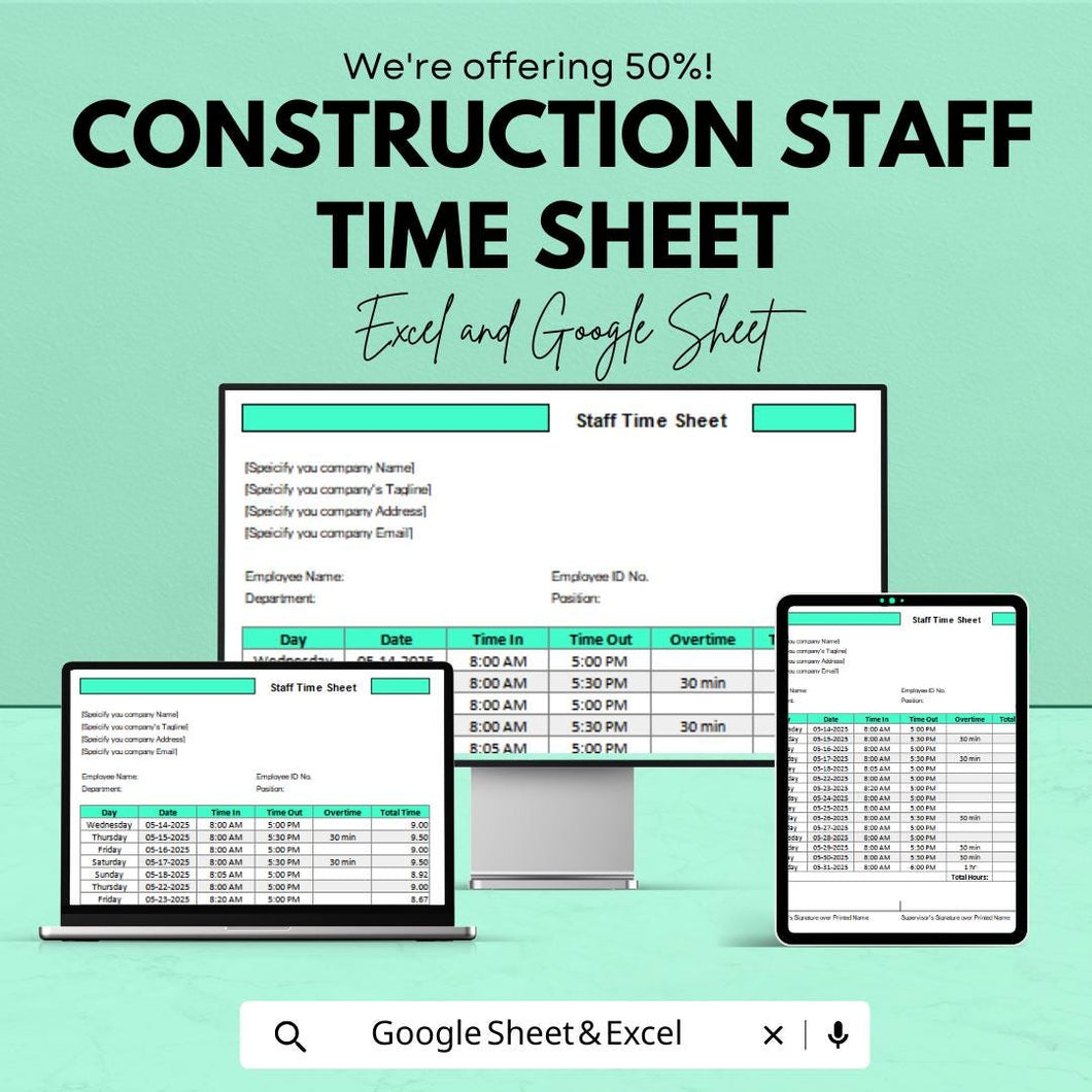 Construction Staff Time Sheet Template | Excel & Google Sheets | Track Hours, Overtime, and Payroll for Construction Projects