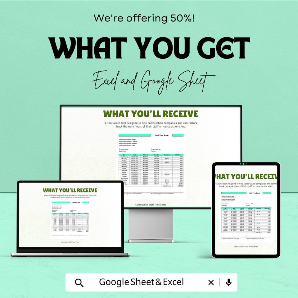 Construction Staff Time Sheet Template | Excel & Google Sheets | Track Hours, Overtime, and Payroll for Construction Projects