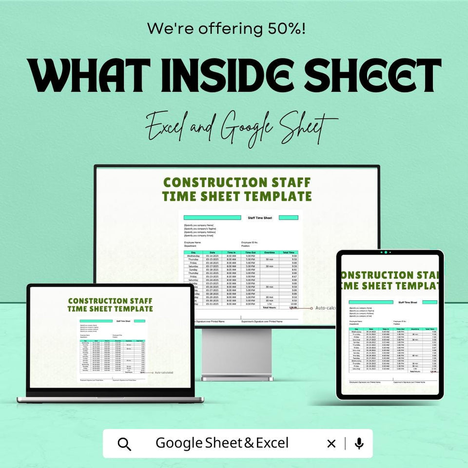 Construction Staff Time Sheet Template | Excel & Google Sheets | Track Hours, Overtime, and Payroll for Construction Projects