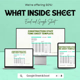 Construction Staff Time Sheet Template | Excel & Google Sheets | Track Hours, Overtime, and Payroll for Construction Projects