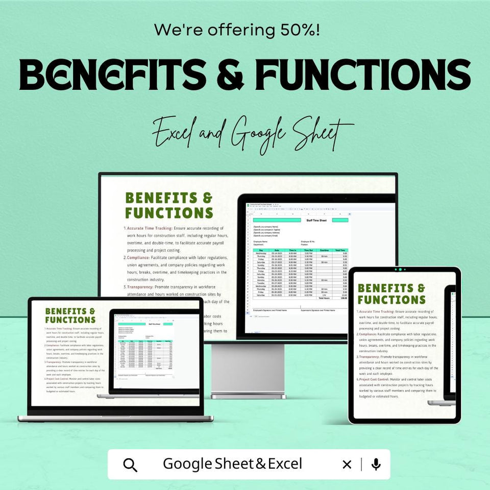 Construction Staff Time Sheet Template | Excel & Google Sheets | Track Hours, Overtime, and Payroll for Construction Projects