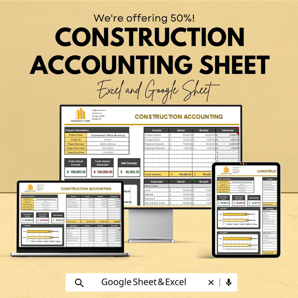 Construction Accounting Template | Excel & Google Sheet | Project Cost Tracker | 50% Off!
