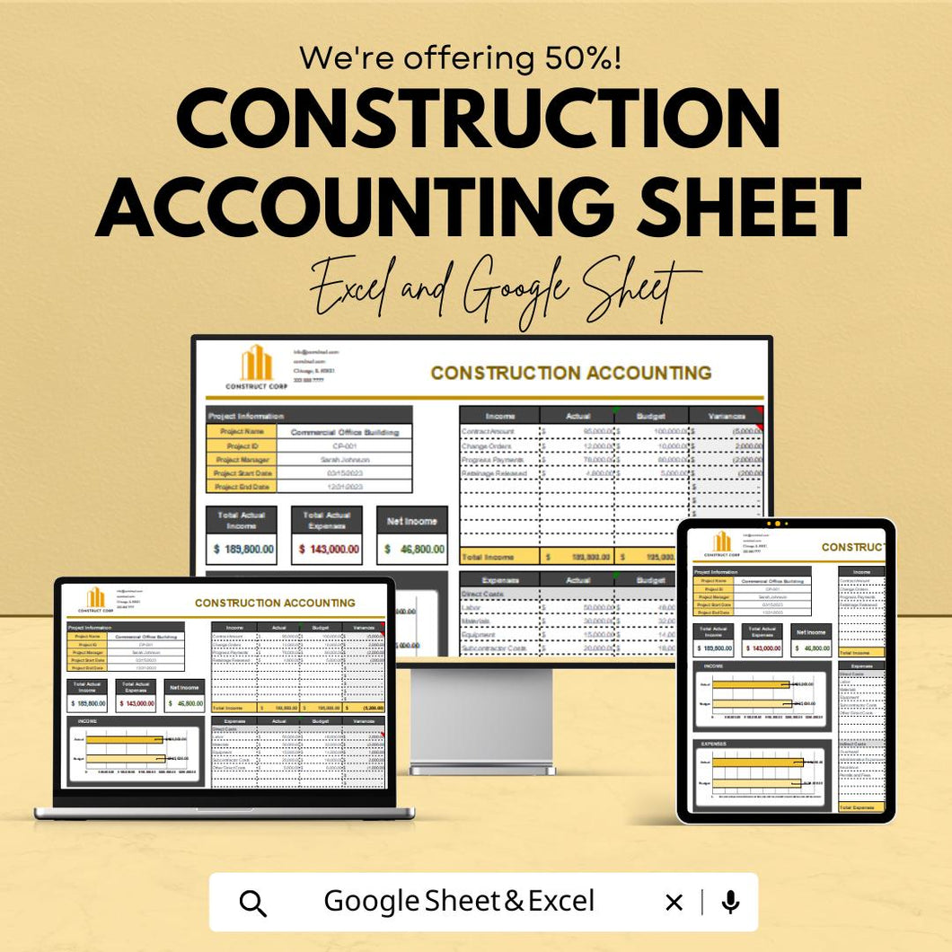 Construction Accounting Template | Excel & Google Sheet | Project Cost Tracker | 50% Off!