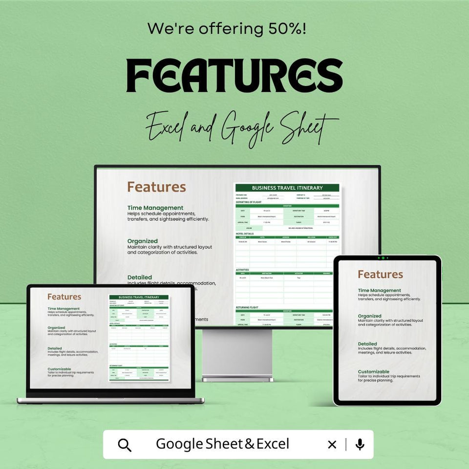 Business Travel Itinerary Template - Excel & Google Sheets - Easy-to-Use Travel Planner for Corporate Trips - Downloadable Template