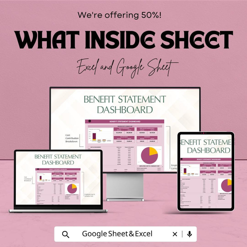 Benefit Statement Dashboard - Excel and Google Sheet | Employee Benefits Tracking & Analysis | Company Benefits Dashboard Template