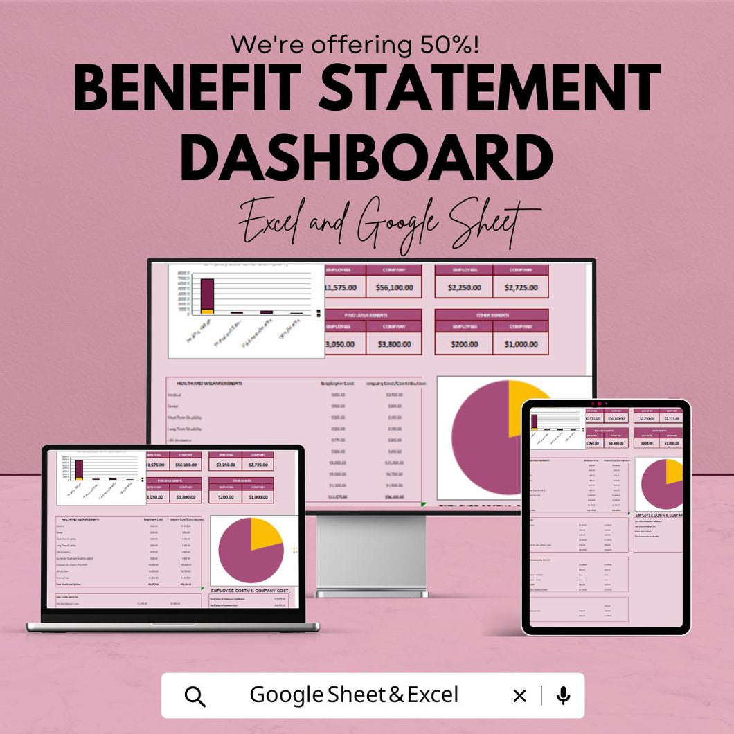 Benefit Statement Dashboard - Excel and Google Sheet | Employee Benefits Tracking & Analysis | Company Benefits Dashboard Template
