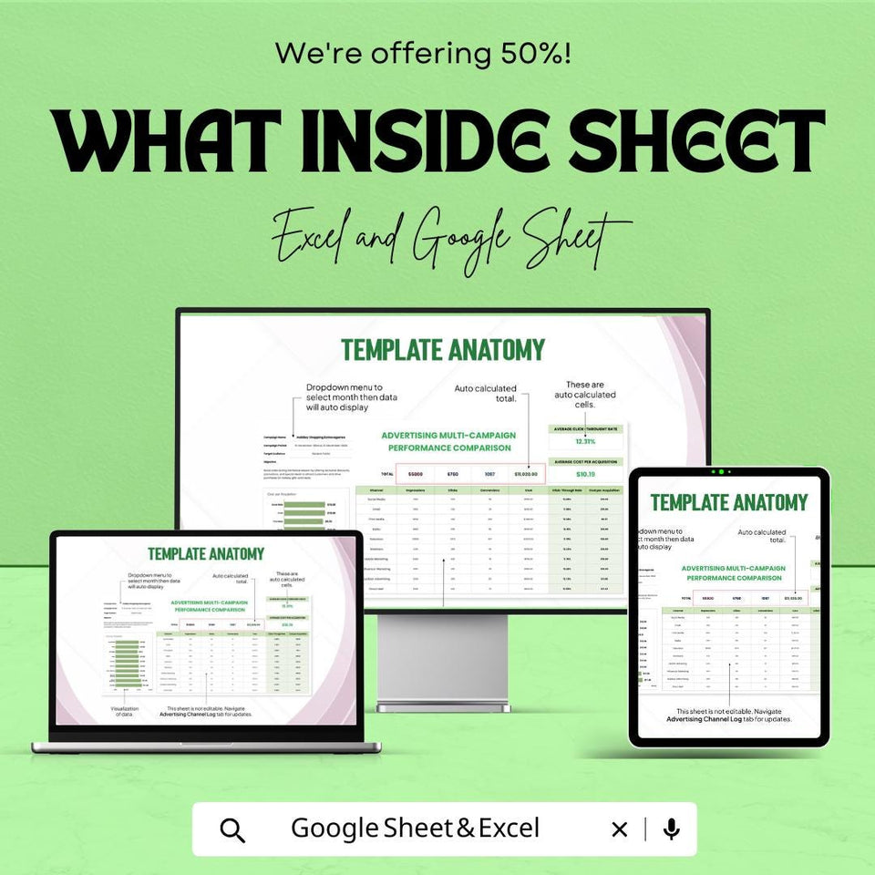 Advertising Multi-Campaign Performance Comparison Template for Excel & Google Sheets | 50% Off!
