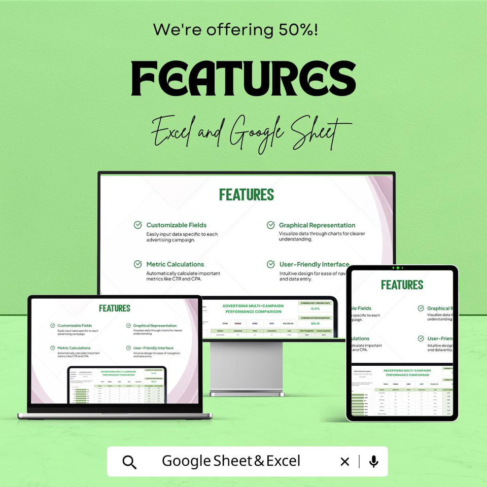 Advertising Multi-Campaign Performance Comparison Template for Excel & Google Sheets | 50% Off!