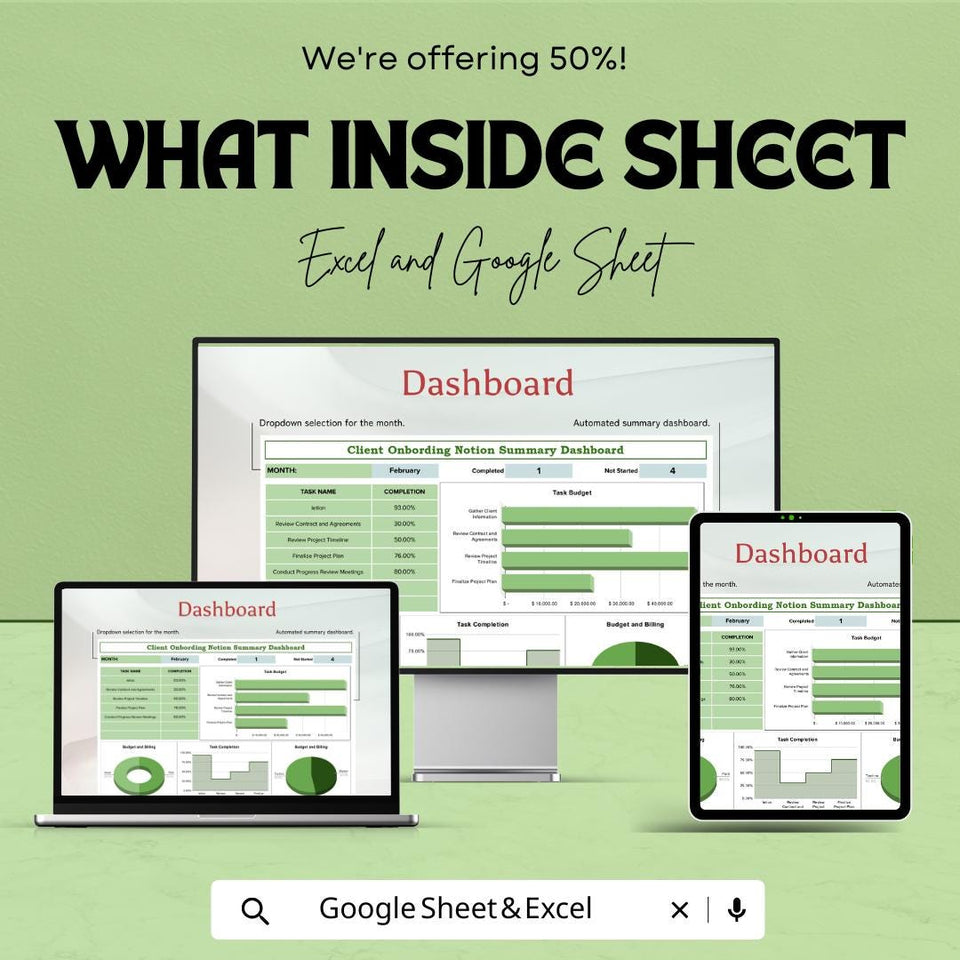 Client Onboarding Notion Dashboard Sheet | Excel and Google Sheets | Project Management Tool | Budgeting & Task Tracking