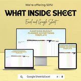 Campaign Budget Planner Advertising Sheet | Google Sheet & Excel Template | Marketing Campaign Budget Management