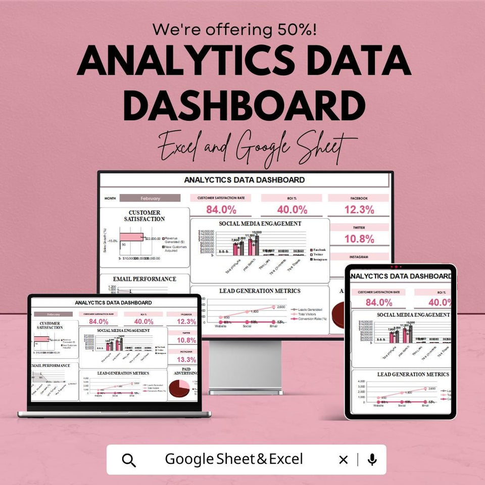 Analytics Data Dashboard - Track Metrics, Social Media, and Lead Generation Performance in Excel & Google Sheets