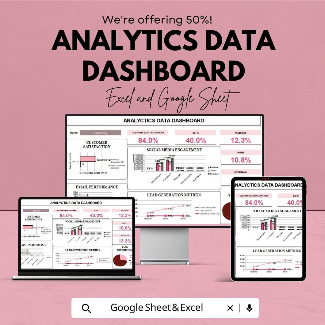Analytics Data Dashboard - Track Metrics, Social Media, and Lead Generation Performance in Excel & Google Sheets