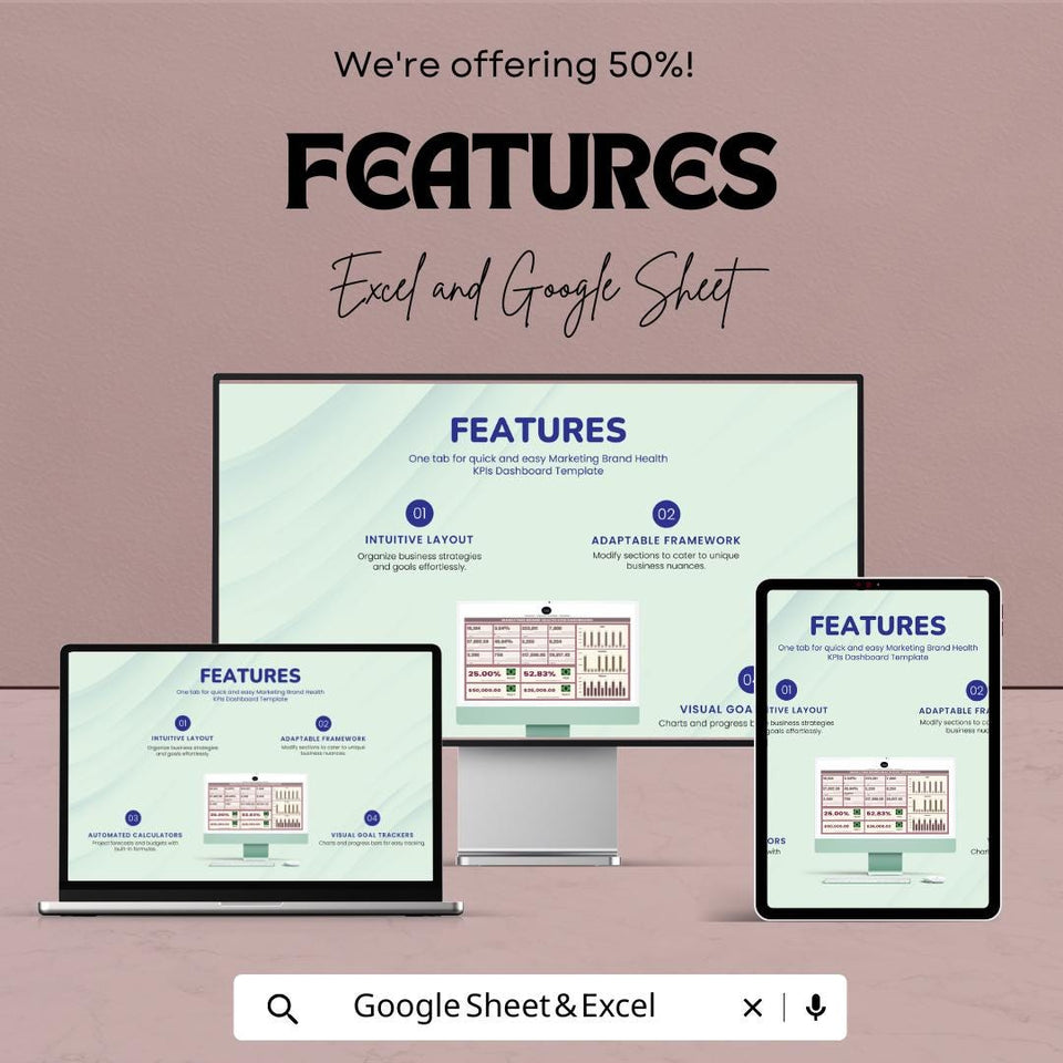 Marketing Brand Health KPIs Dashboard - Excel and Google Sheet - Track & Analyze Marketing Performance - KPI Analytics Template