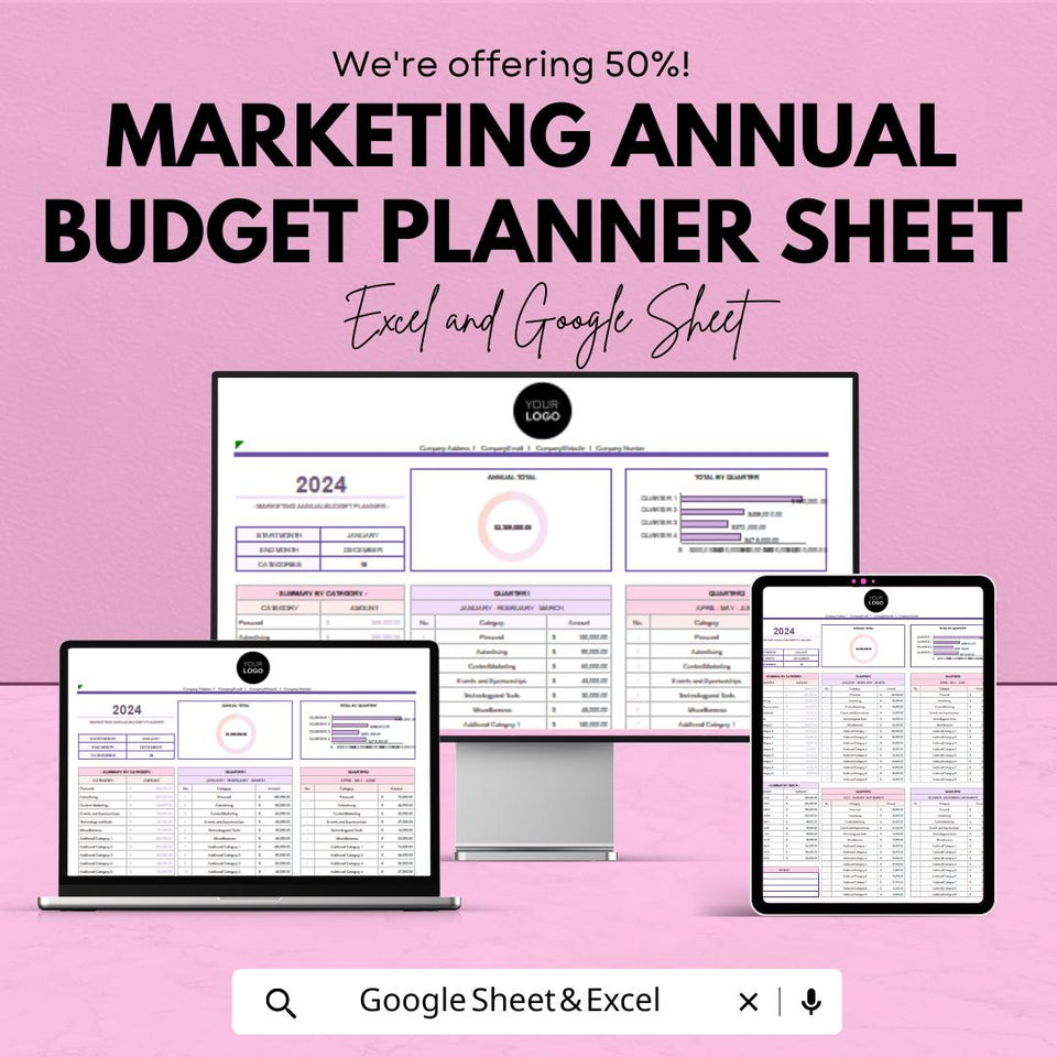 Marketing Annual Budget Planner Sheet | Financial Planning Template | Budget Allocation Excel & Google Sheets | Business Strategy Tool
