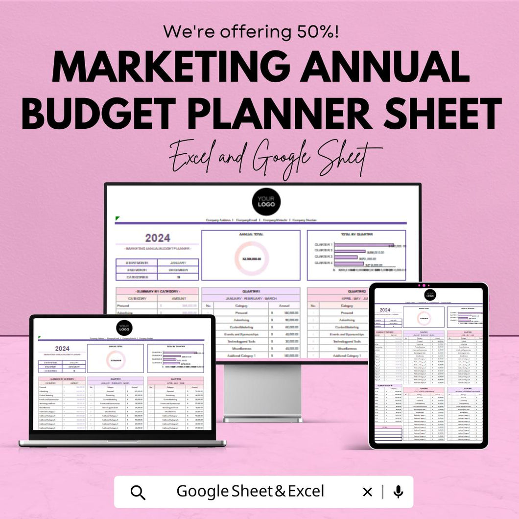 Marketing Annual Budget Planner Sheet | Financial Planning Template | Budget Allocation Excel & Google Sheets | Business Strategy Tool