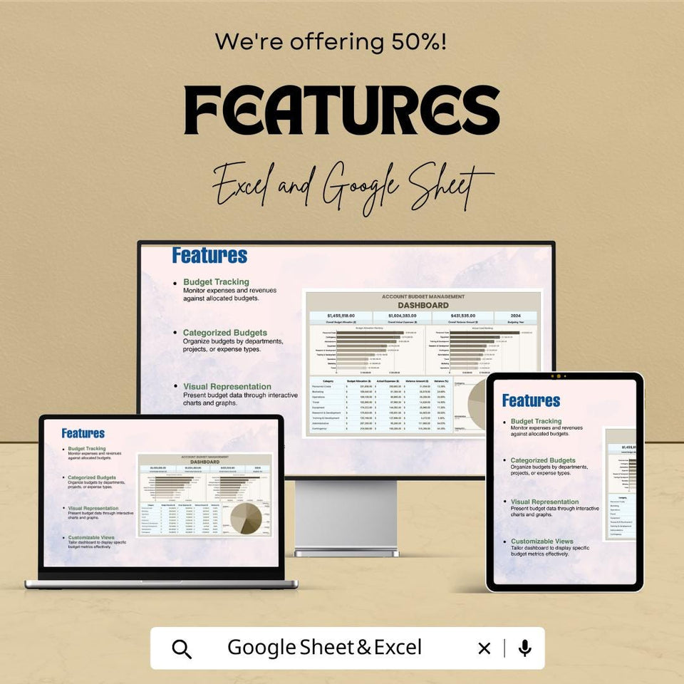 Account Budget Management Dashboard Template - Track Expenses & Income | Budget Planner and Financial Management Sheet | Customizable