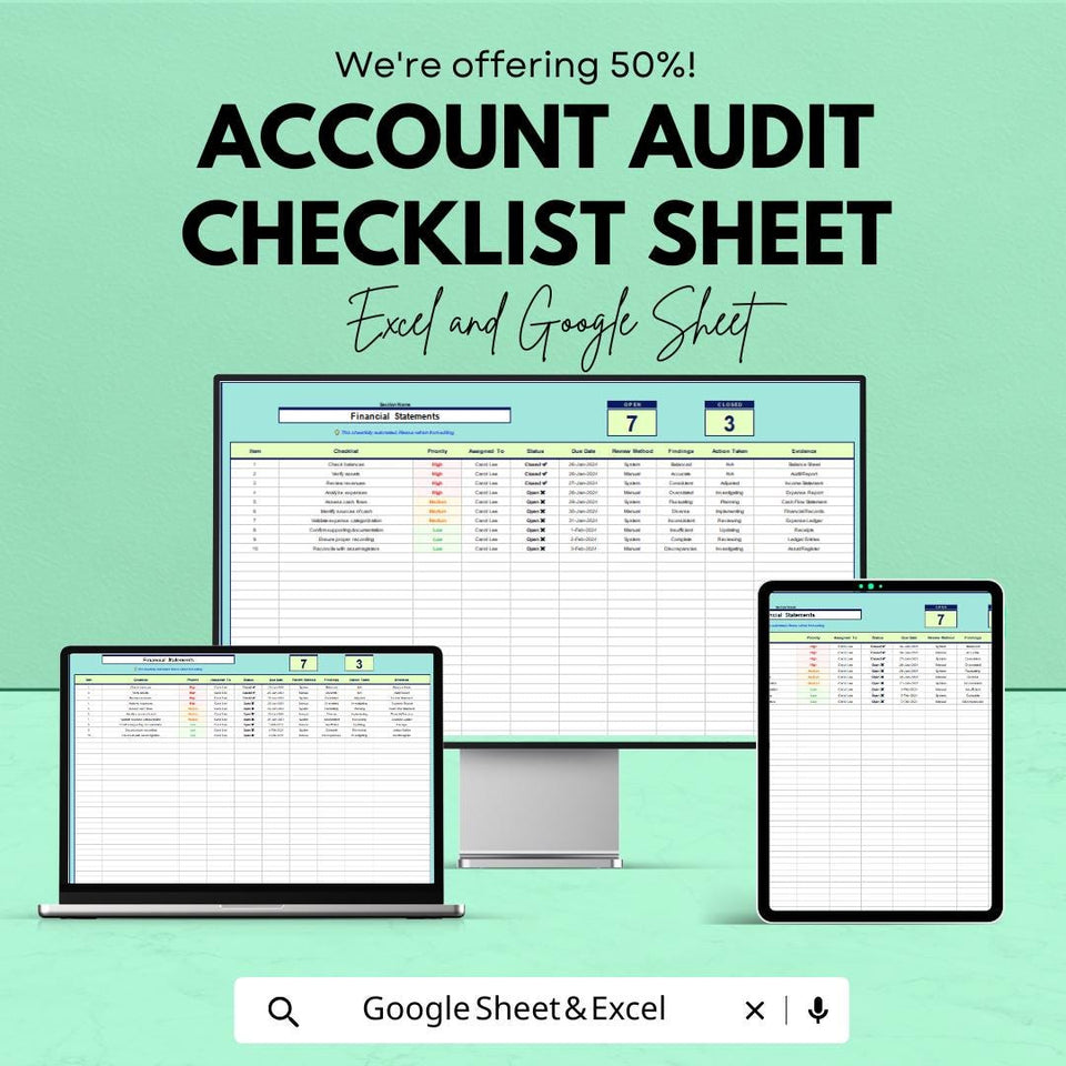 Account Audit Checklist Template | Excel and Google Sheet | Financial Audit Tracking Tool | Internal Control & Compliance