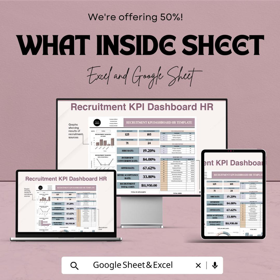 Recruitment KPI Dashboard HR Template - Google Sheet | HR Metrics Tracker for Recruitment Process | Employee Hiring & Performance Metrics