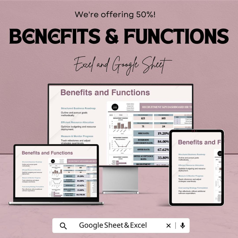 Recruitment KPI Dashboard HR Template - Google Sheet | HR Metrics Tracker for Recruitment Process | Employee Hiring & Performance Metrics