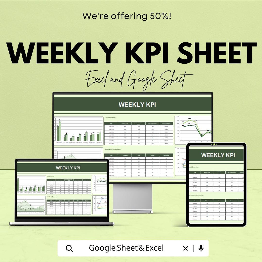 Weekly KPI Tracker Sheet for Excel and Google Sheets | Performance Metrics | Business Goals Tracker | Customizable & Easy-to-Use Template