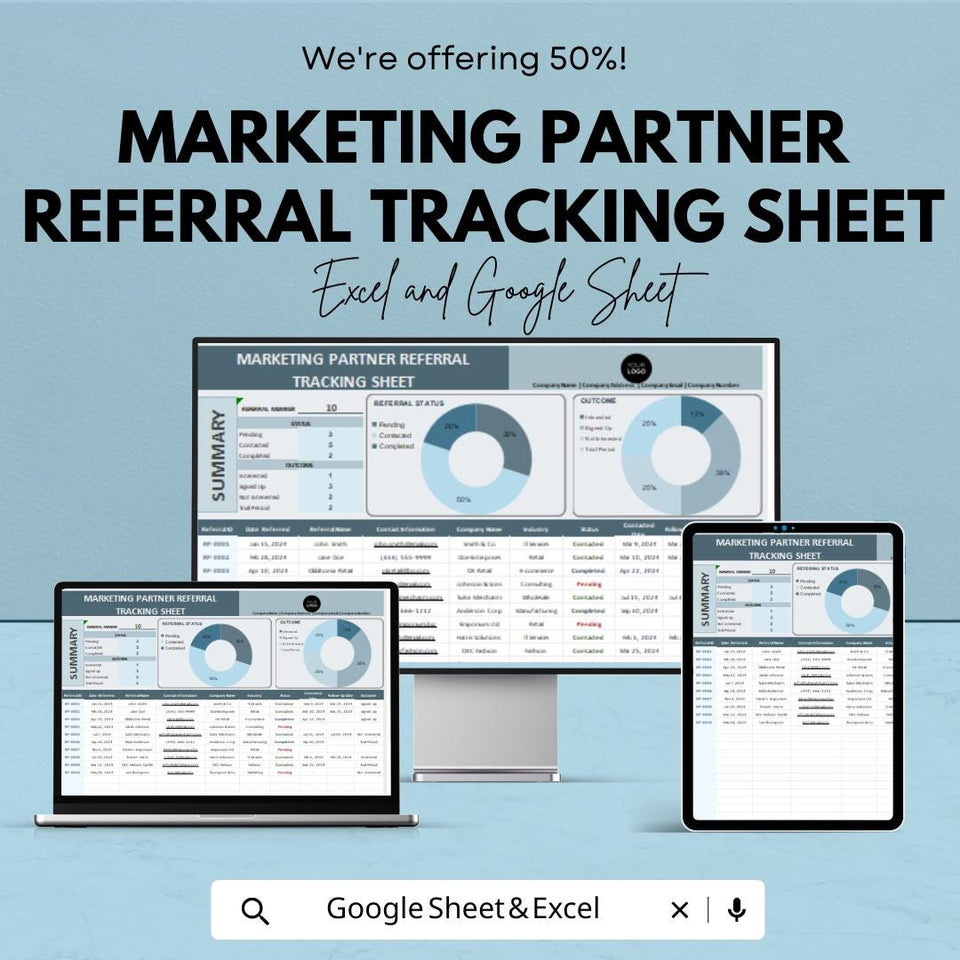 Marketing Partner Referral Tracking Sheet - Excel and Google Sheet for Efficient Lead Management, Referral Status & Outcome Analysis