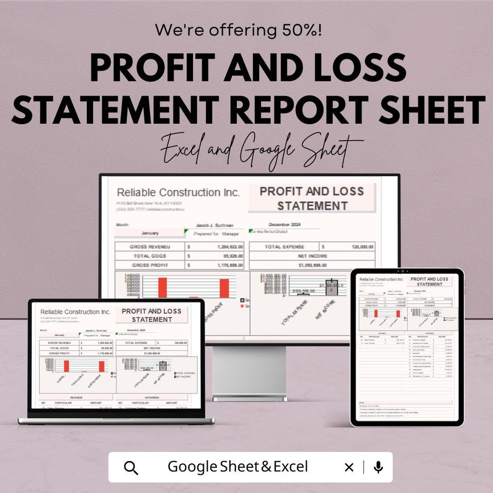 Profit and Loss Statement Report Sheet | Financial Tracking Template | Google Sheets | Expense & Revenue Tracker | Monthly Business Report