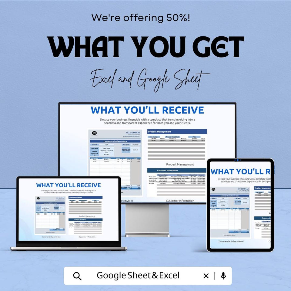 Commercial Sales Invoice Template - Excel & Google Sheet | Customizable Invoice Tracker for Businesses | Professional Invoice Sheet |