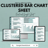 Clustered Bar Chart Sheet for Data Analysis | Excel and Google Sheet Template | Customizable Business Chart | Sales & Progress Visualization