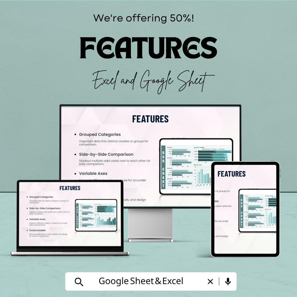 Clustered Bar Chart Sheet for Data Analysis | Excel and Google Sheet Template | Customizable Business Chart | Sales & Progress Visualization